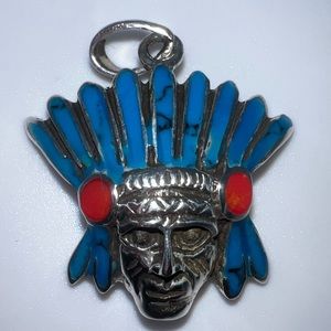 Indian Chief Head Necklace Pendant Kingman Turquoise Coral 925 Sterling Silver